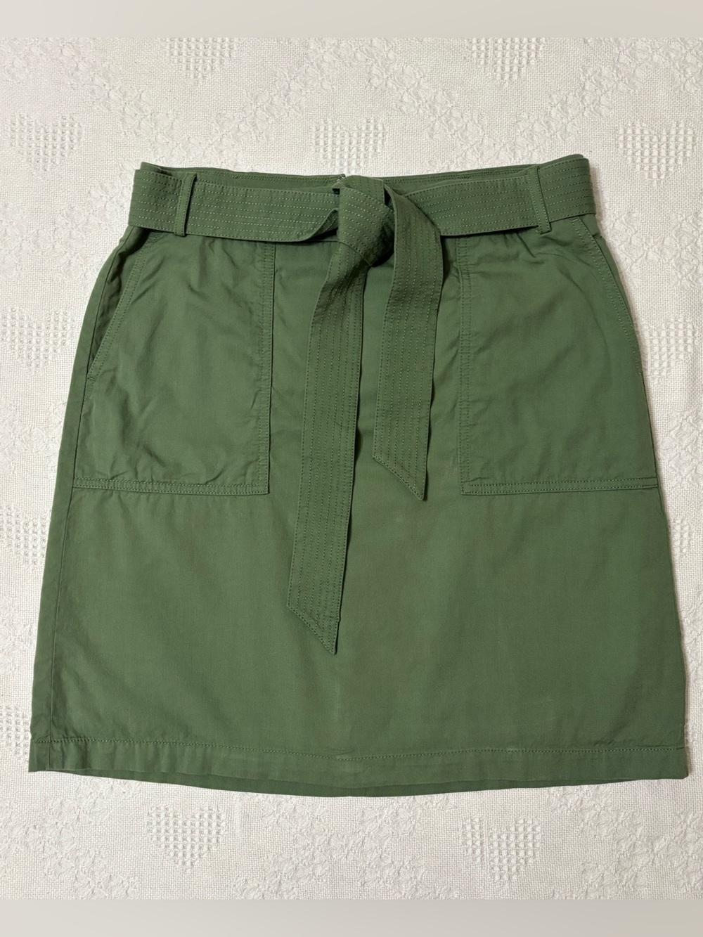 J. Crew Olive Green Belted slight A-Line Mini Skirt sz 12 preppy business casual